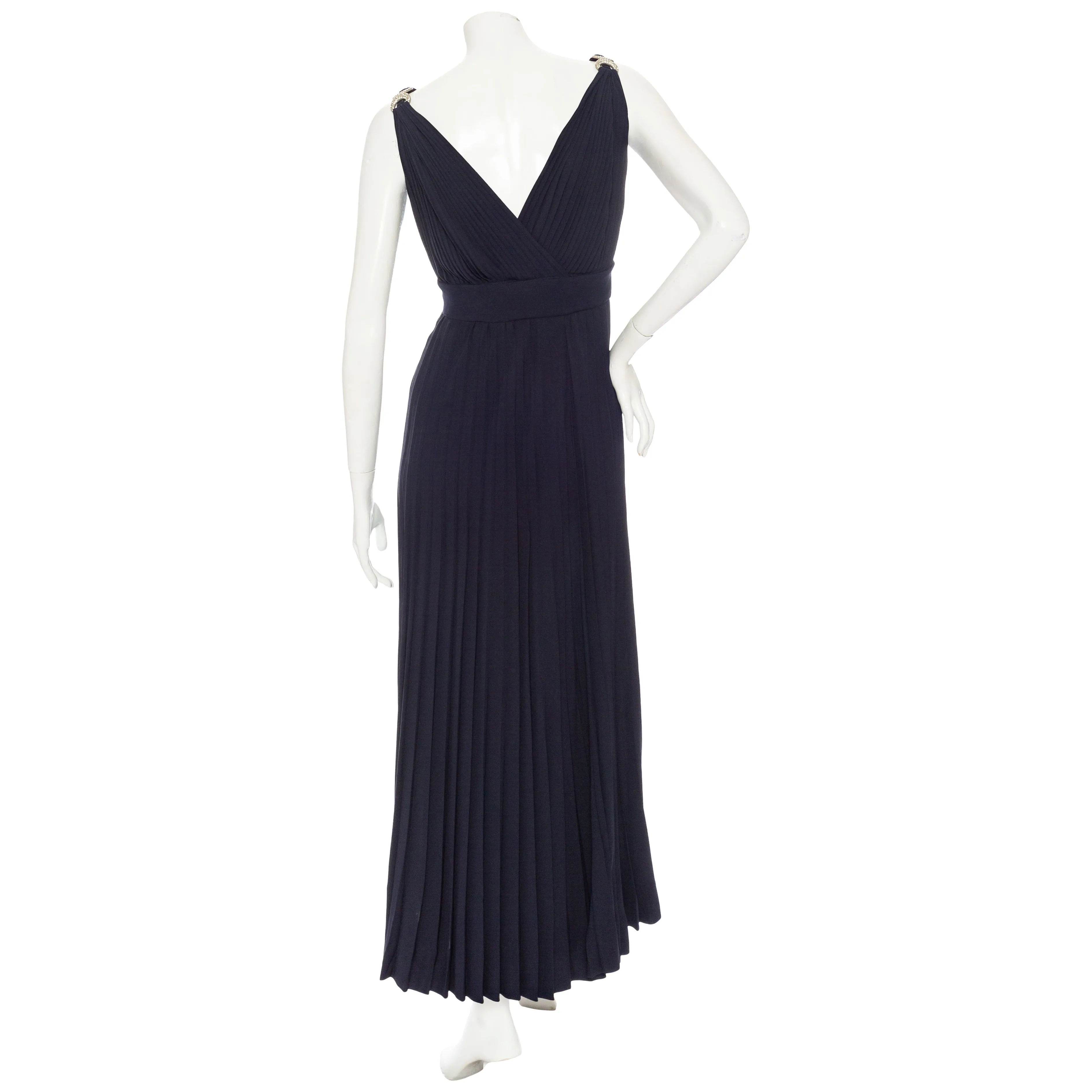 1970s Navy Pleated Two-Piece Rhinestone Maxi Dress