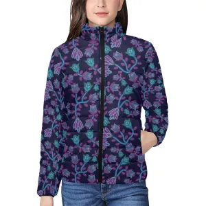 Beaded Blue Nouveau Women's Stand Collar Padded Jacket