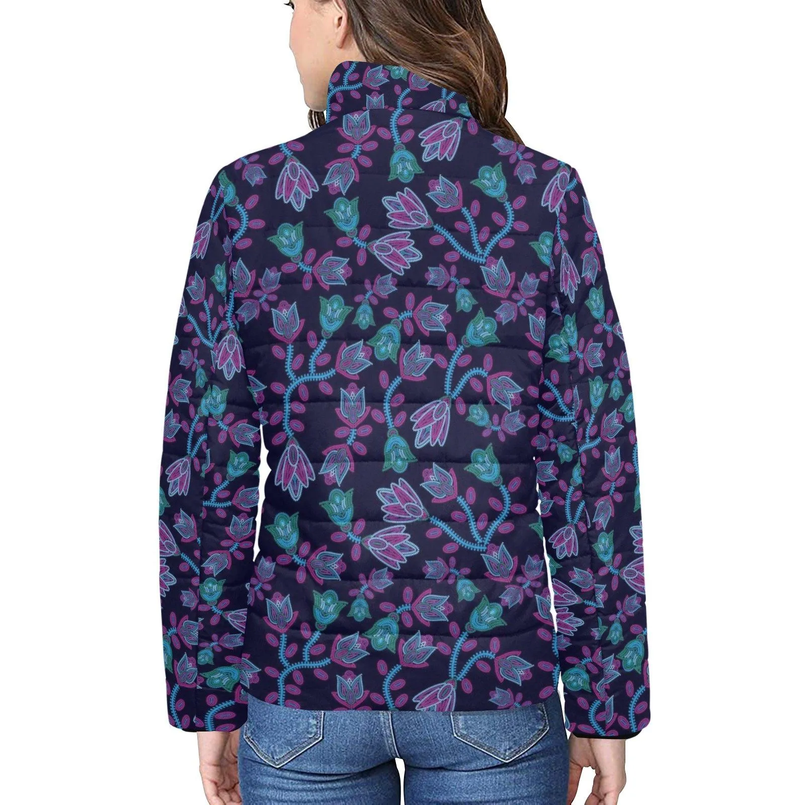 Beaded Blue Nouveau Women's Stand Collar Padded Jacket