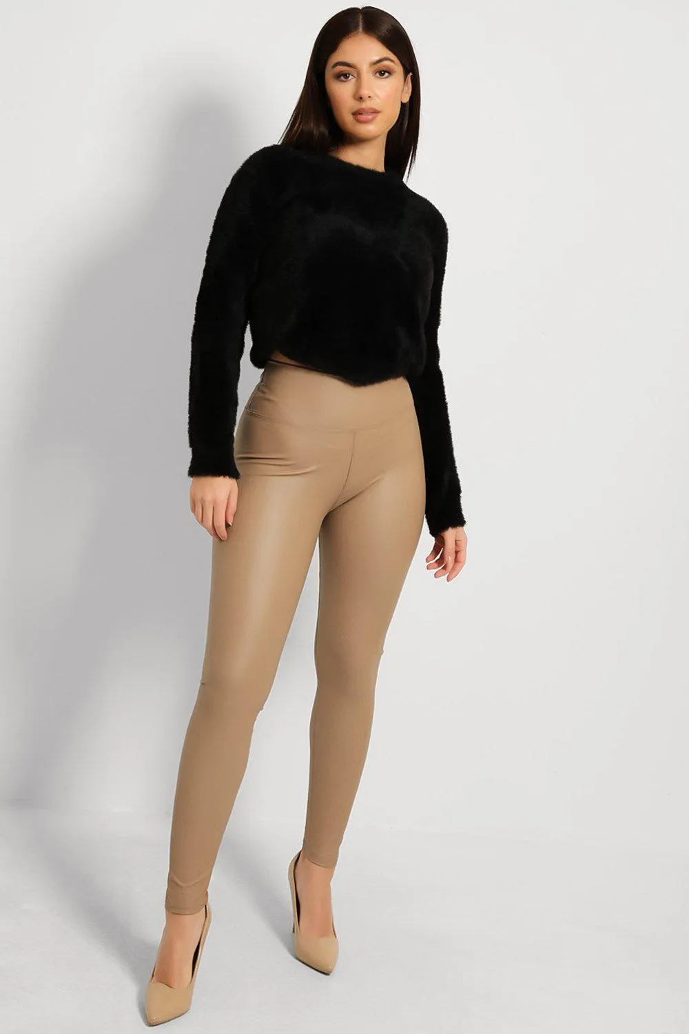 Beige Vegan Leather Fleece Lined Leggings