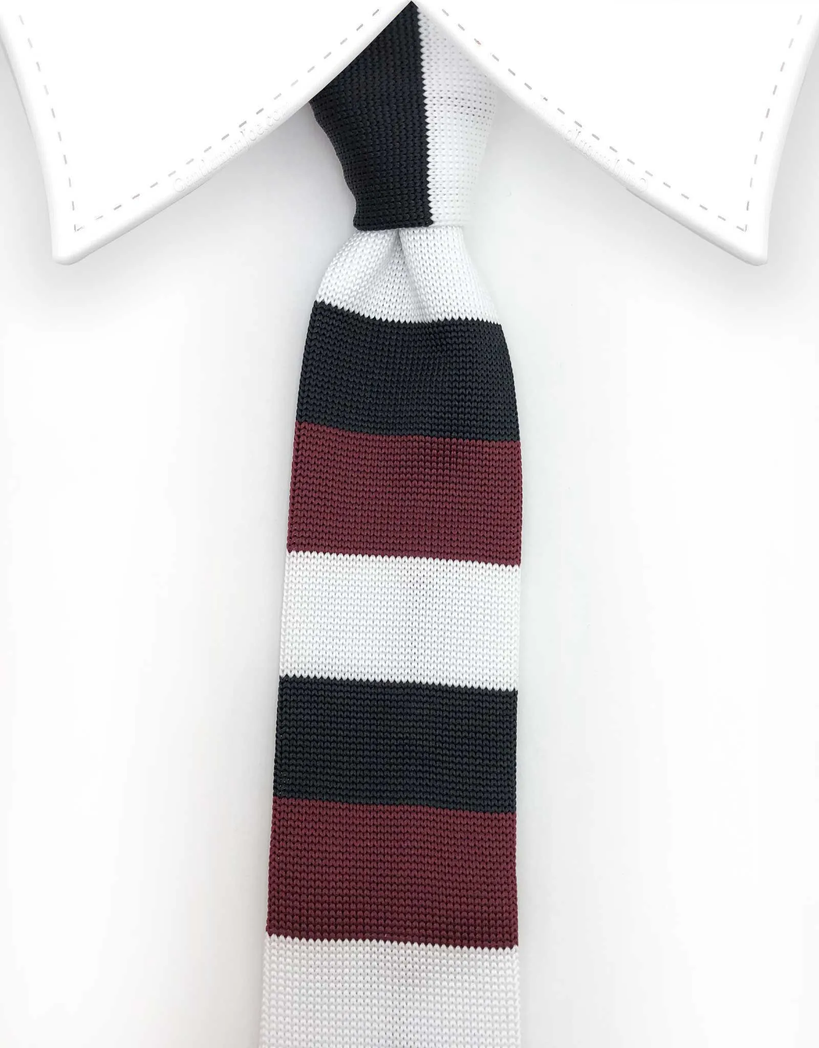 Burgundy, Black and White Striped Knitted Tie