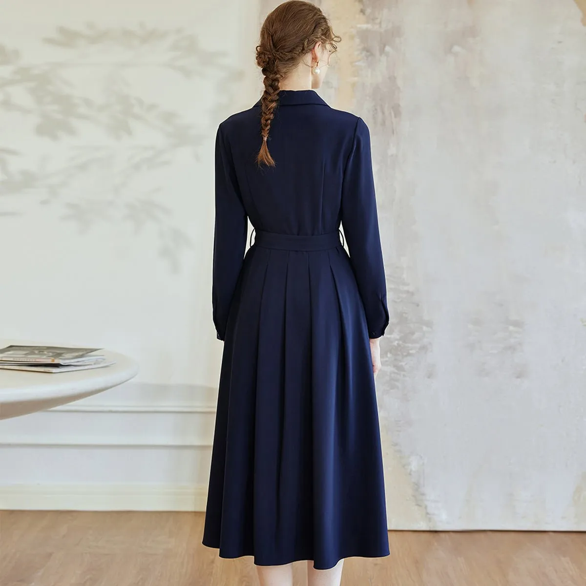 Buttoned Top Pleated Dress in Navy