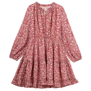 Caitlin Long Sleeve Floral Frill Dress - Rose Pink