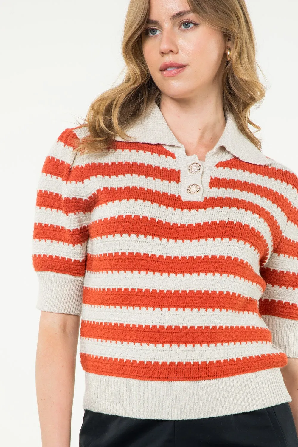 Collared Striped Knit Top