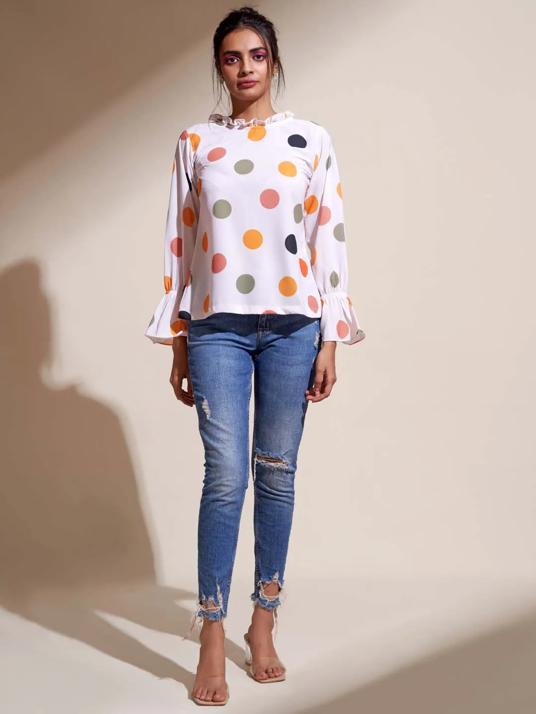 Cream Polka Dots Print Georgette Straight Top