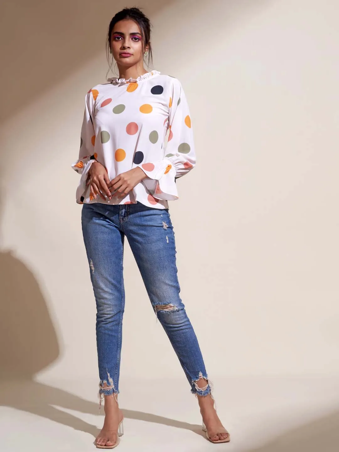 Cream Polka Dots Print Georgette Straight Top