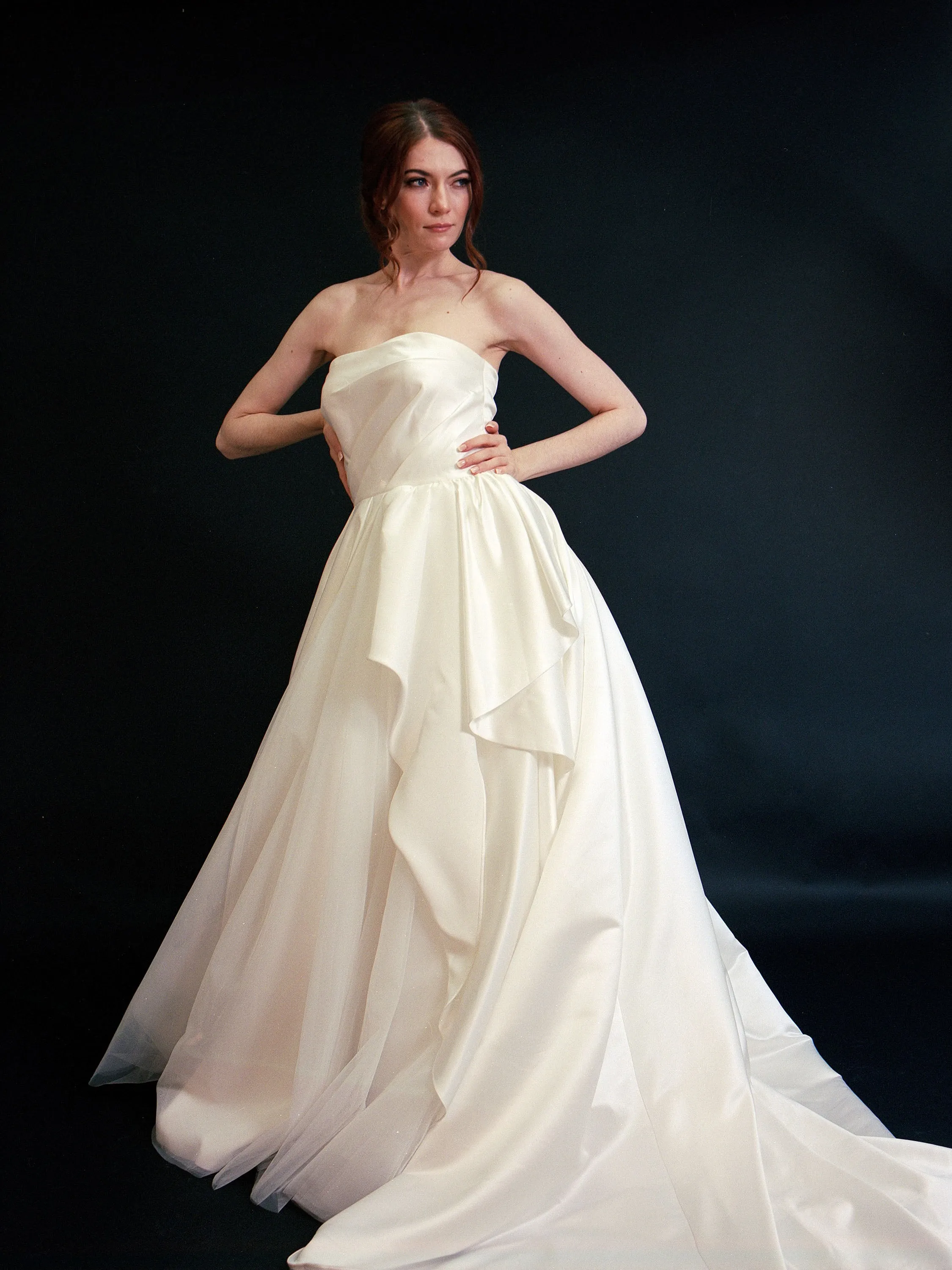 D2410 - Strapless Lux Satin Pleated Upper Bodice ruffled satin tulle mix ballgown princess wedding dress