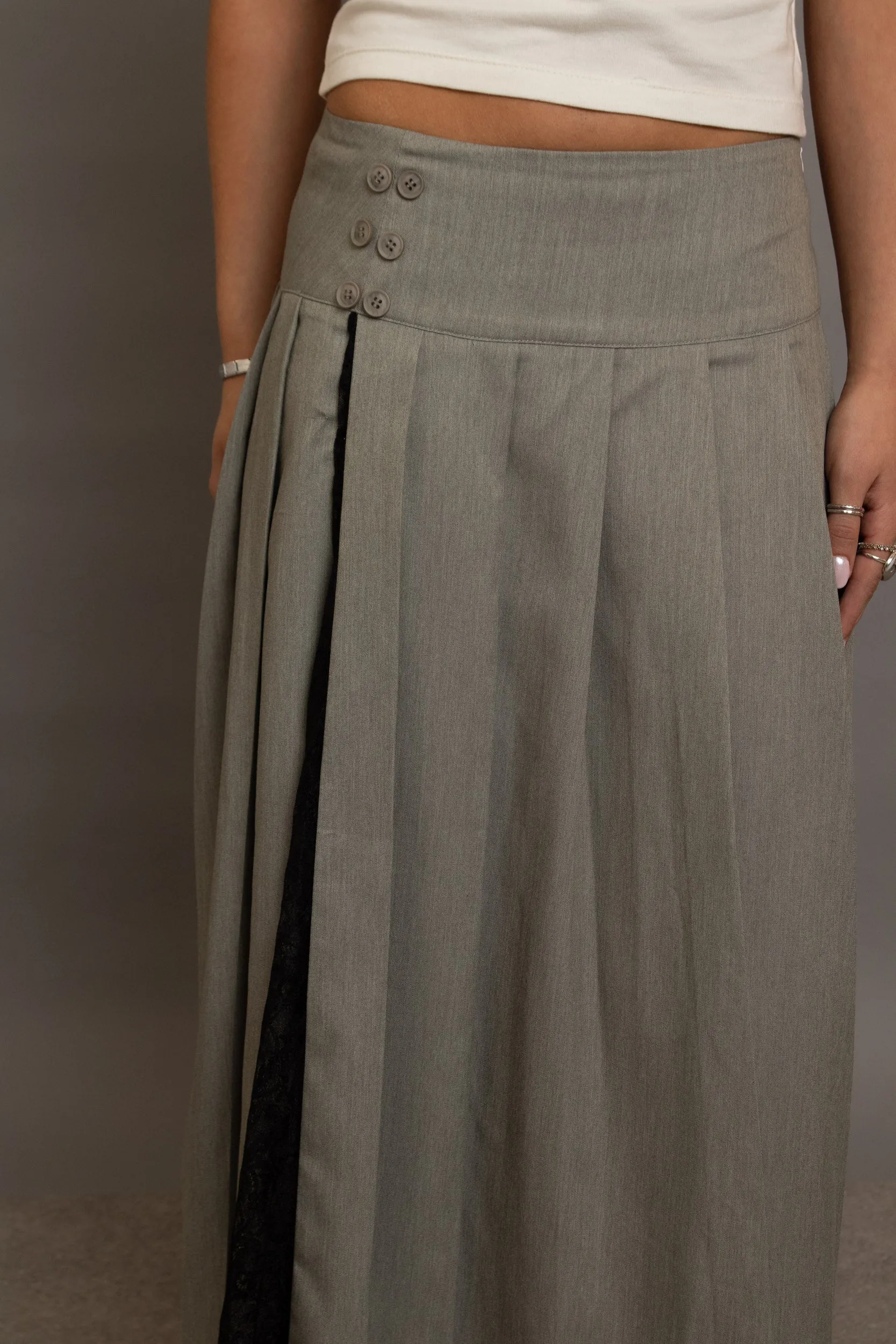 Daisy Street - Grey Midi Skirt with Mesh Slit