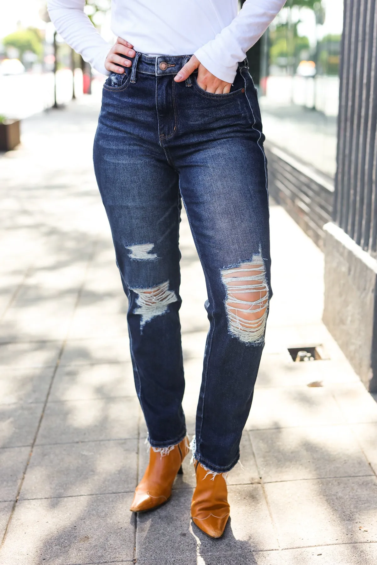 Dark Wash Mid Rise Distressed Straight Leg Jeans