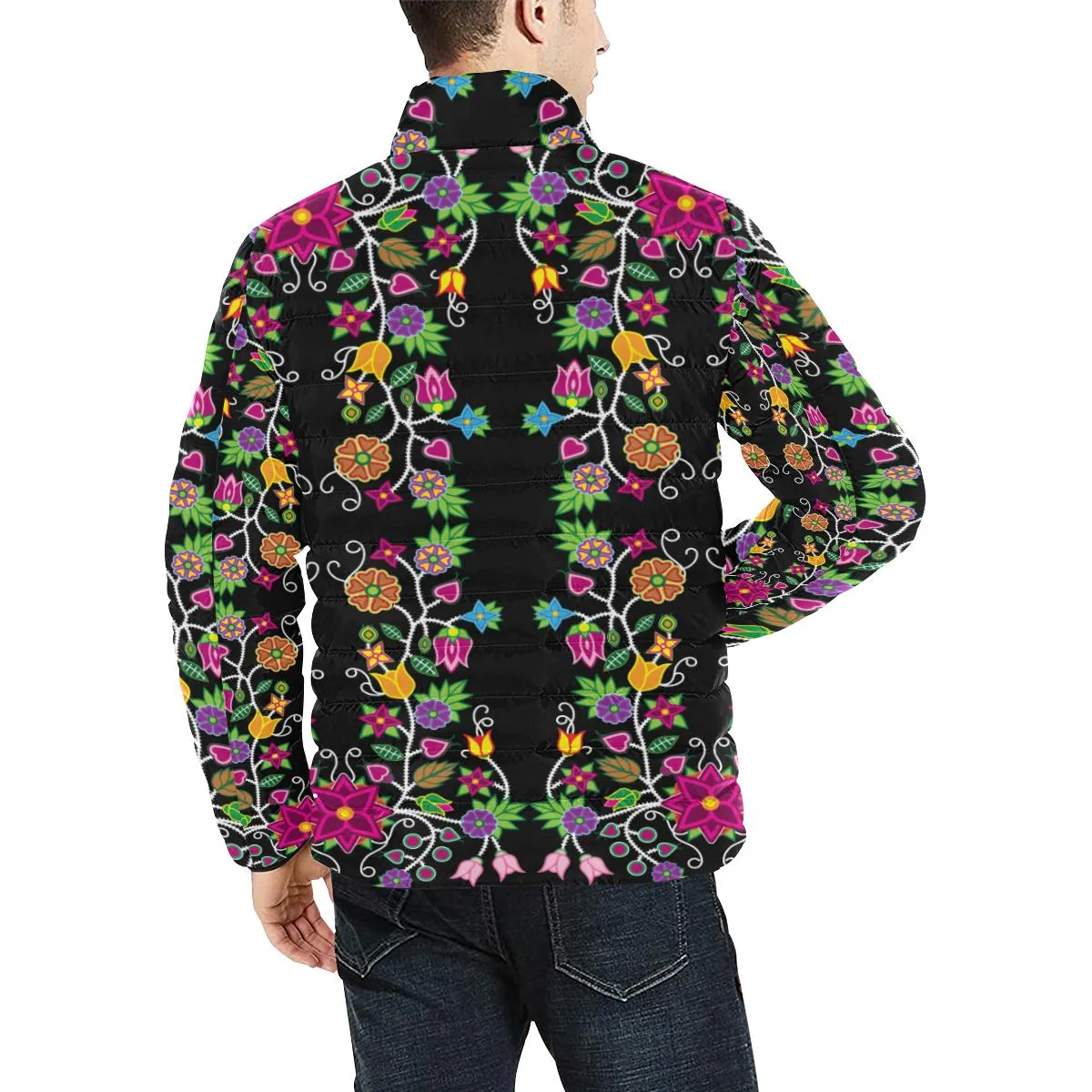 Floral Beadwork Men's Stand Collar Padded Jacket