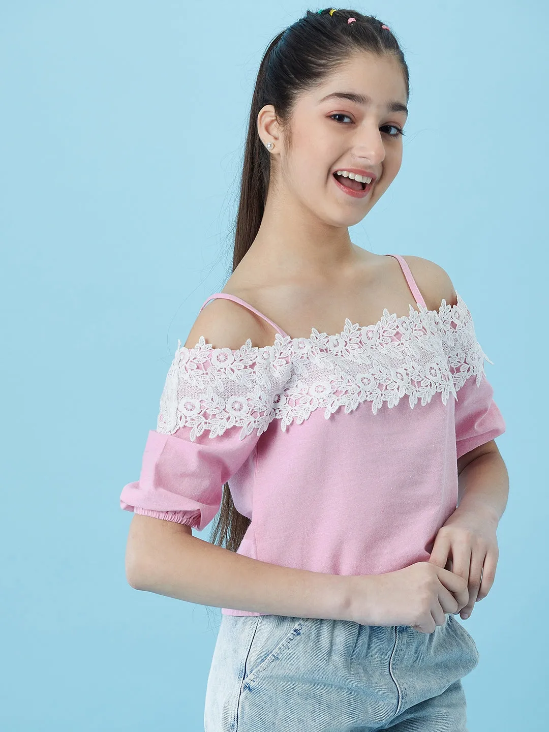 Girls Cold-Shoulder Sleeves Cotton Crop Top - Ps Peaches