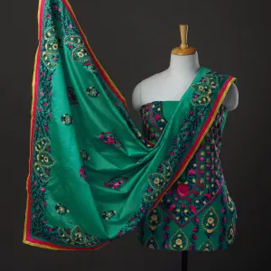 Green - 3pc Hand Embroidery Chanderi Silk Phulkari Dress Material 41