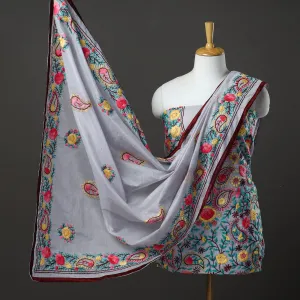 Grey - 3pc Hand Embroidery Chanderi Silk Phulkari Dress Material 78