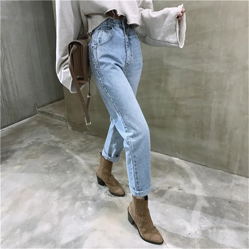 High Waist Loose and Straight Ankle-length Denim Jeans