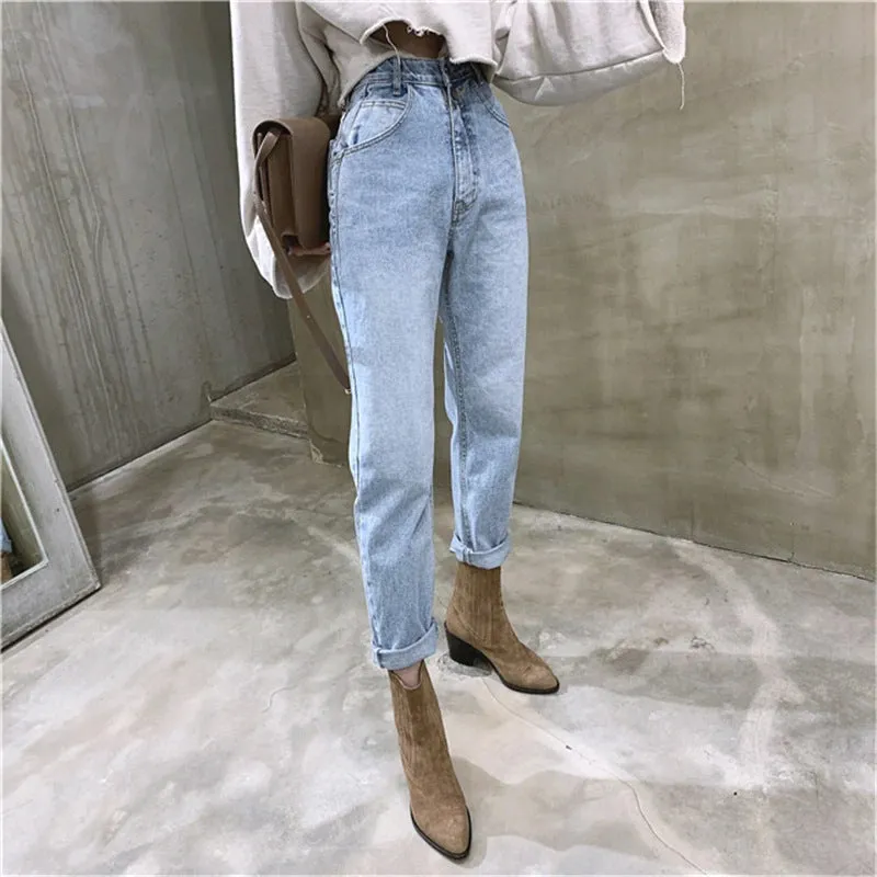 High Waist Loose and Straight Ankle-length Denim Jeans