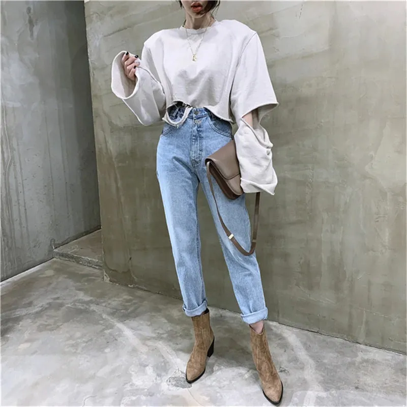 High Waist Loose and Straight Ankle-length Denim Jeans