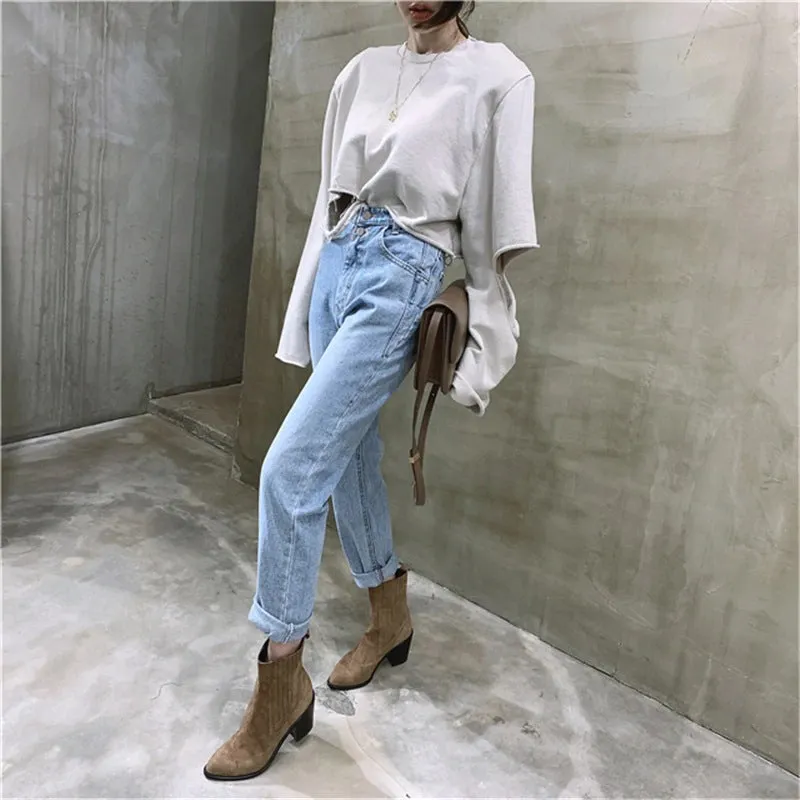 High Waist Loose and Straight Ankle-length Denim Jeans