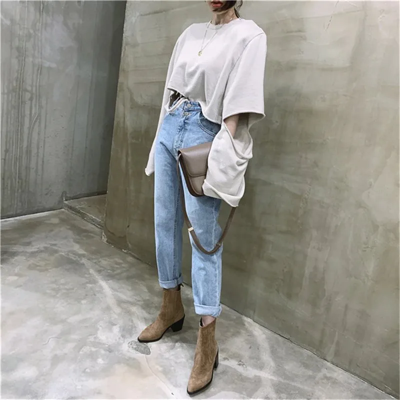 High Waist Loose and Straight Ankle-length Denim Jeans