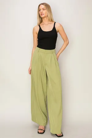 High Waist Pleated Olive Wide Leg Pants