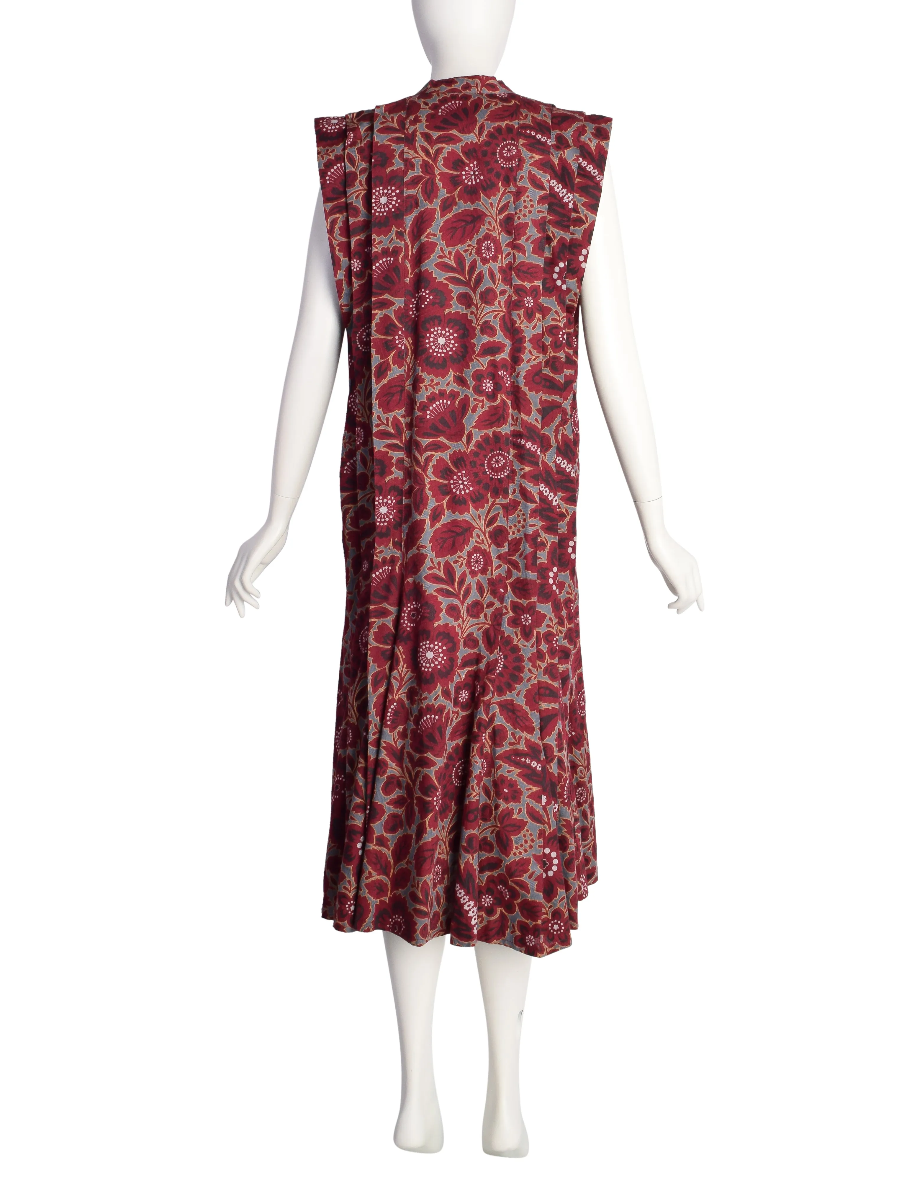 Kenzo Vintage SS 1985 Burgundy Grey Floral Pleated Cotton Jacquard Dress