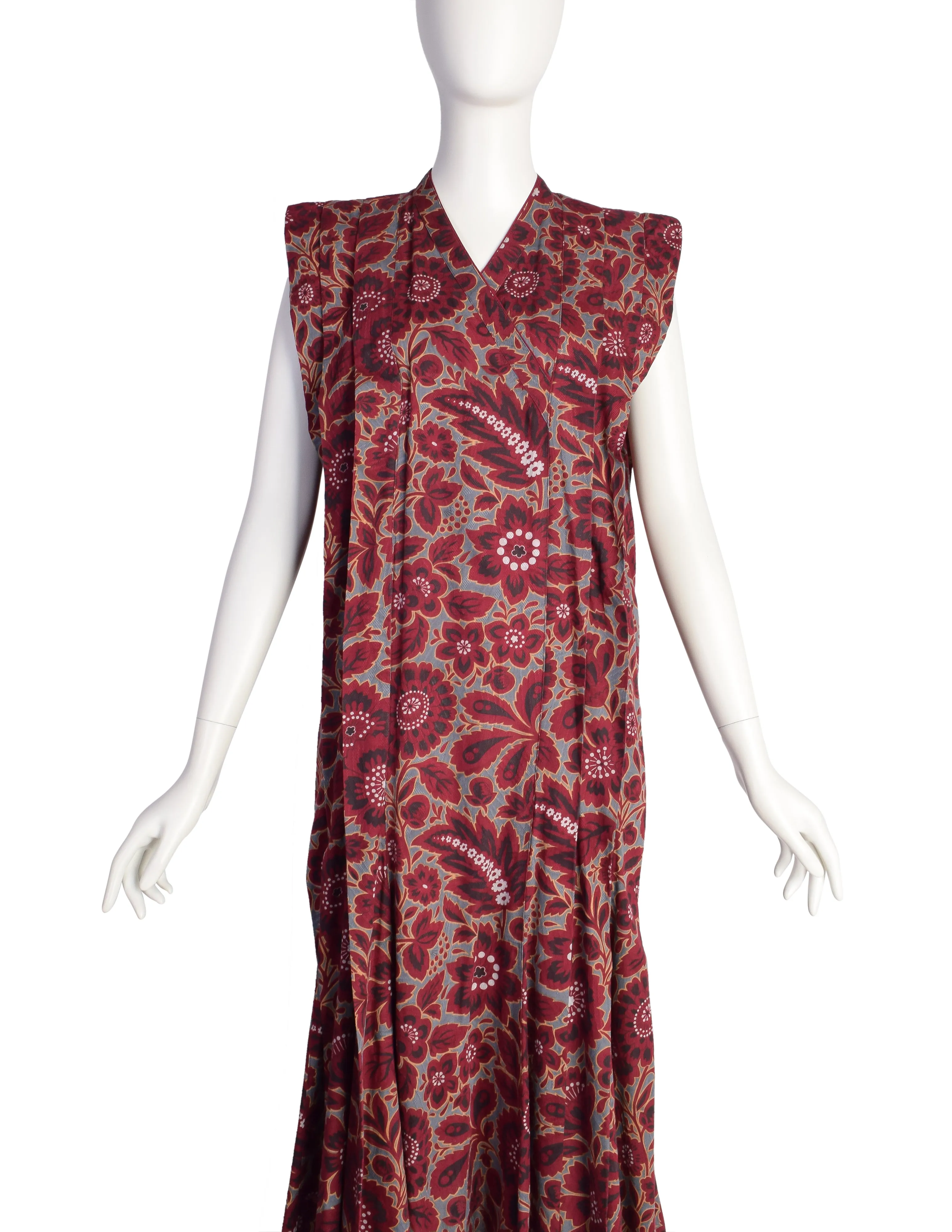 Kenzo Vintage SS 1985 Burgundy Grey Floral Pleated Cotton Jacquard Dress