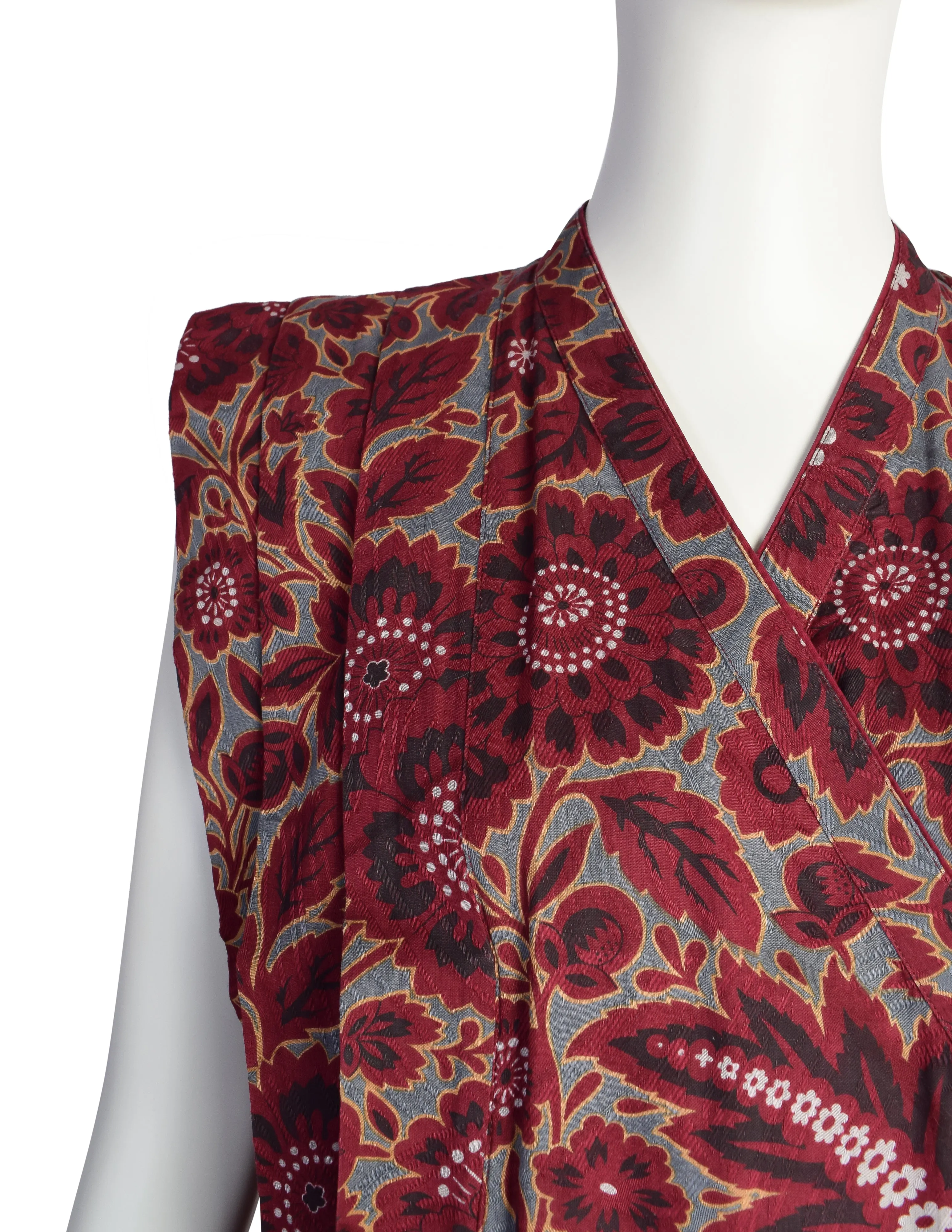 Kenzo Vintage SS 1985 Burgundy Grey Floral Pleated Cotton Jacquard Dress