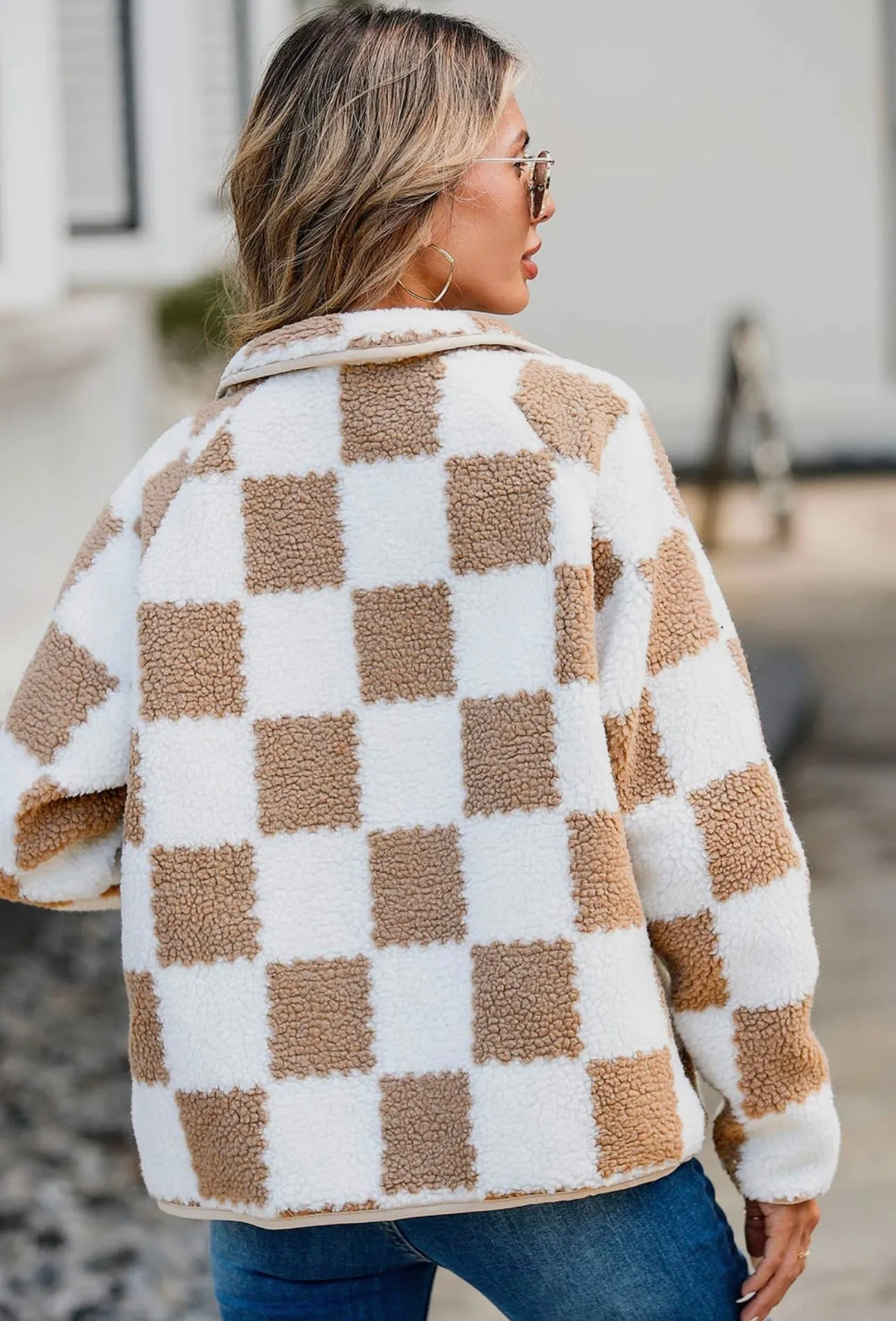 kesley Checkered Snap Down Long Sleeve Teddy Jacket