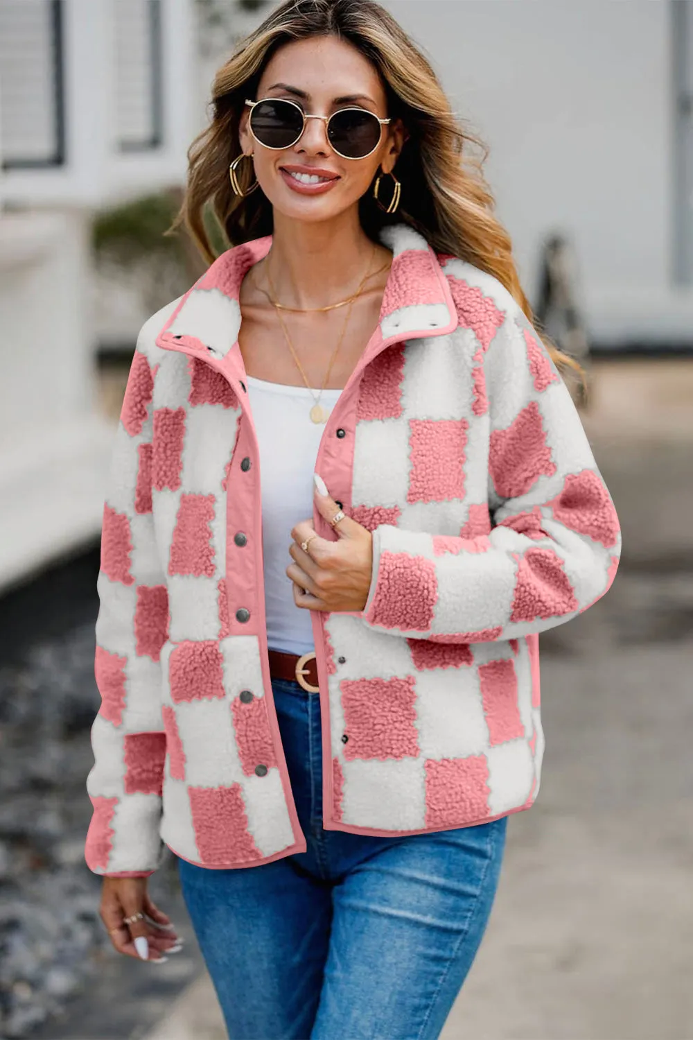 kesley Checkered Snap Down Long Sleeve Teddy Jacket