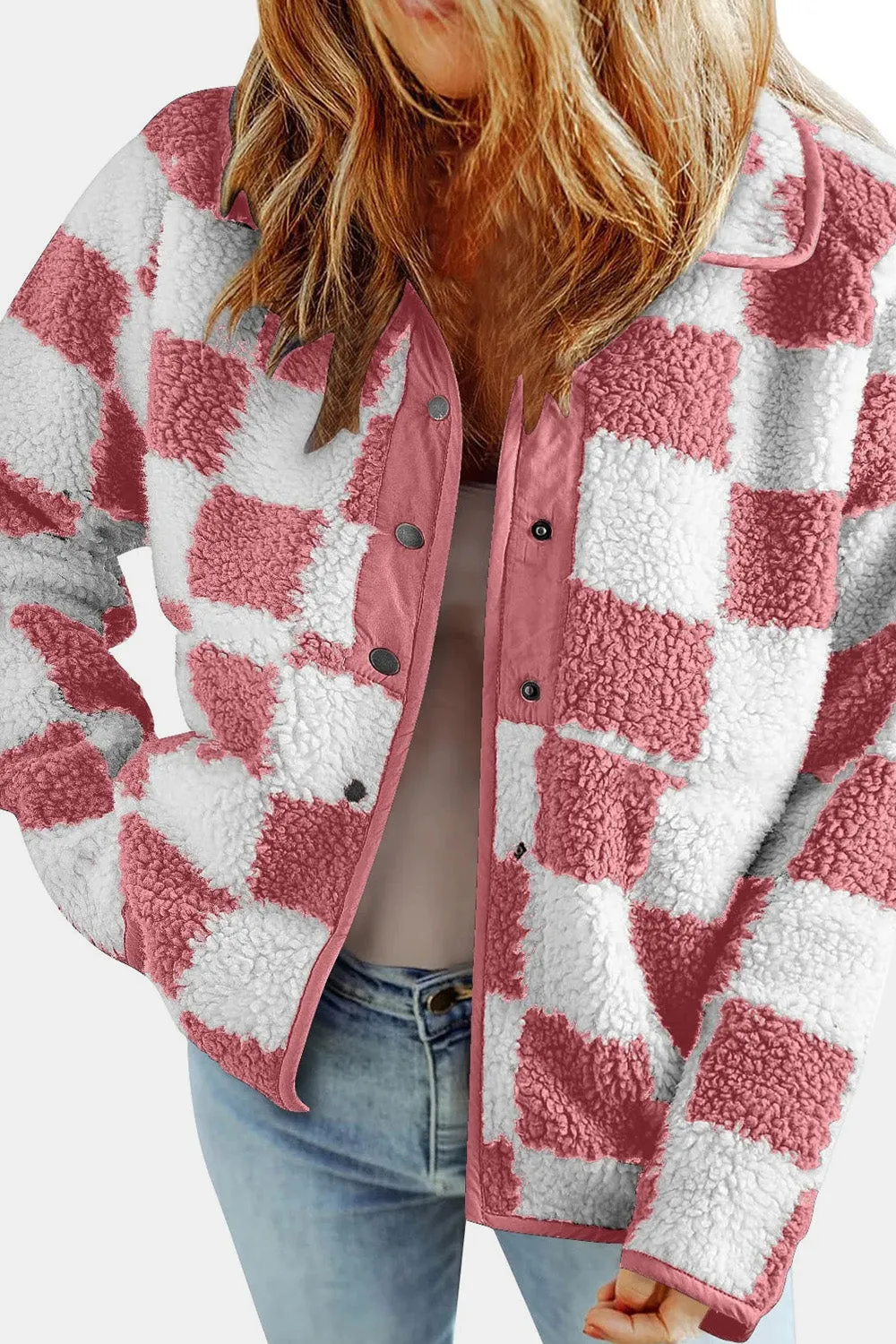 kesley Checkered Snap Down Long Sleeve Teddy Jacket