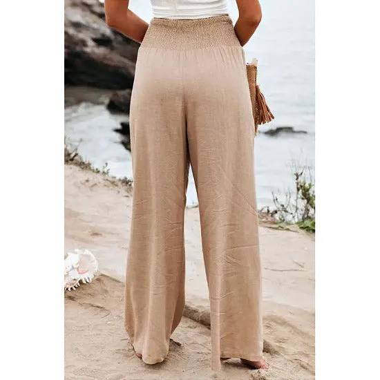 Khaki Smocked Waistband Wide Leg Pants