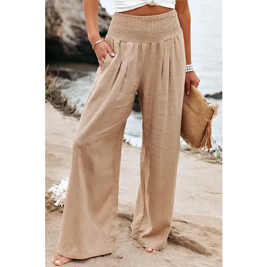 Khaki Smocked Waistband Wide Leg Pants