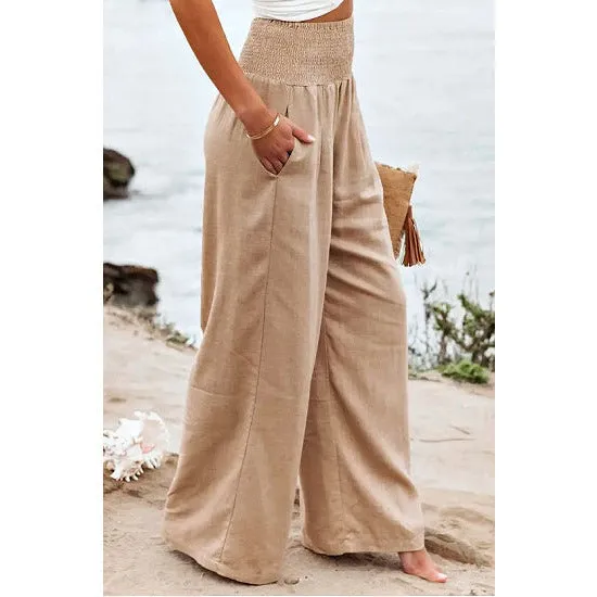 Khaki Smocked Waistband Wide Leg Pants