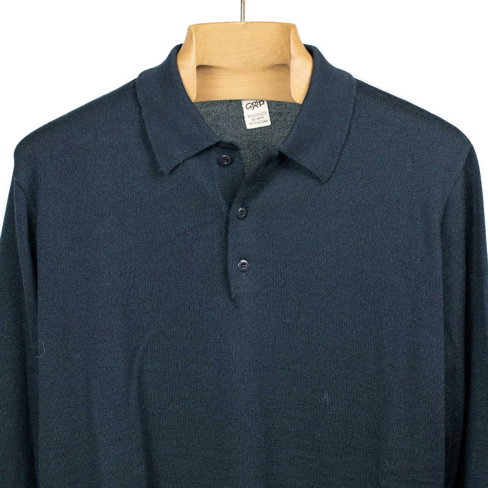 Knit long sleeve polo in petrol melange merino wool (restock)