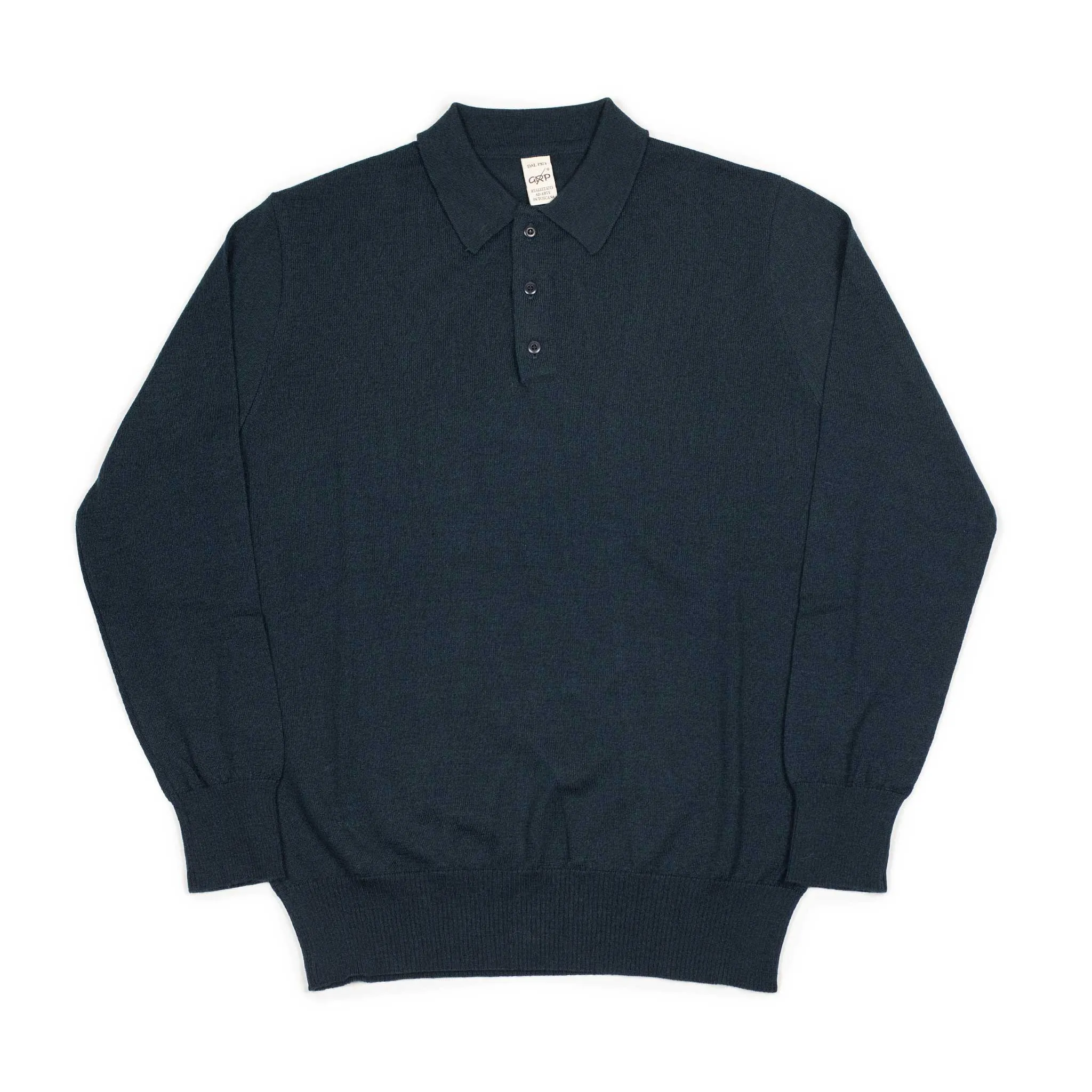 Knit long sleeve polo in petrol melange merino wool (restock)