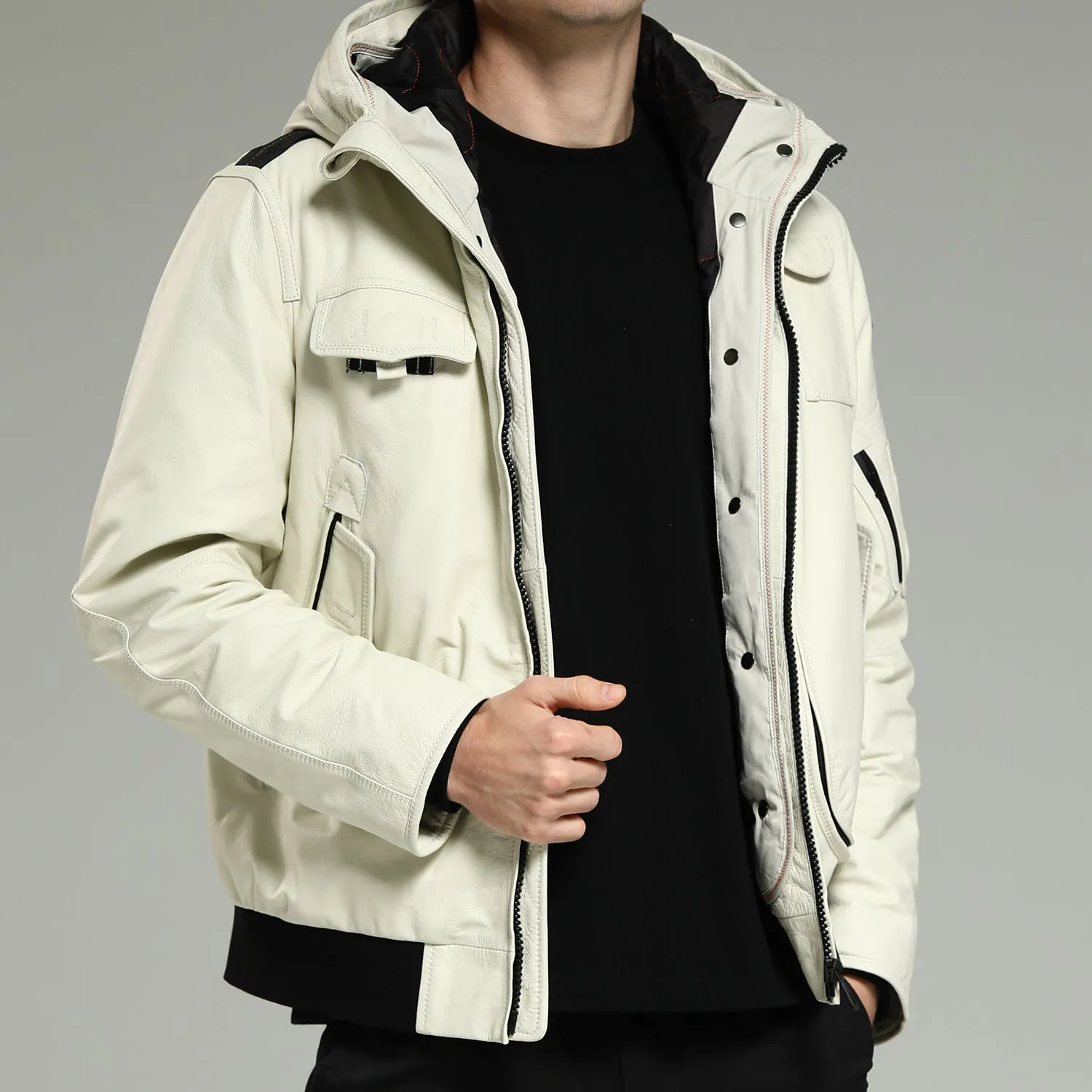 Leather Down - Men's White Hooded Cowhide Down Jacket