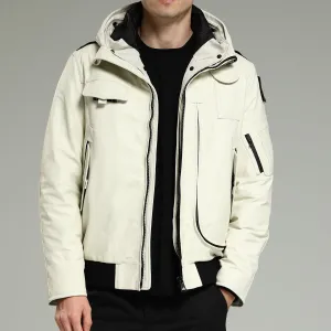 Leather Down - Men's White Hooded Cowhide Down Jacket