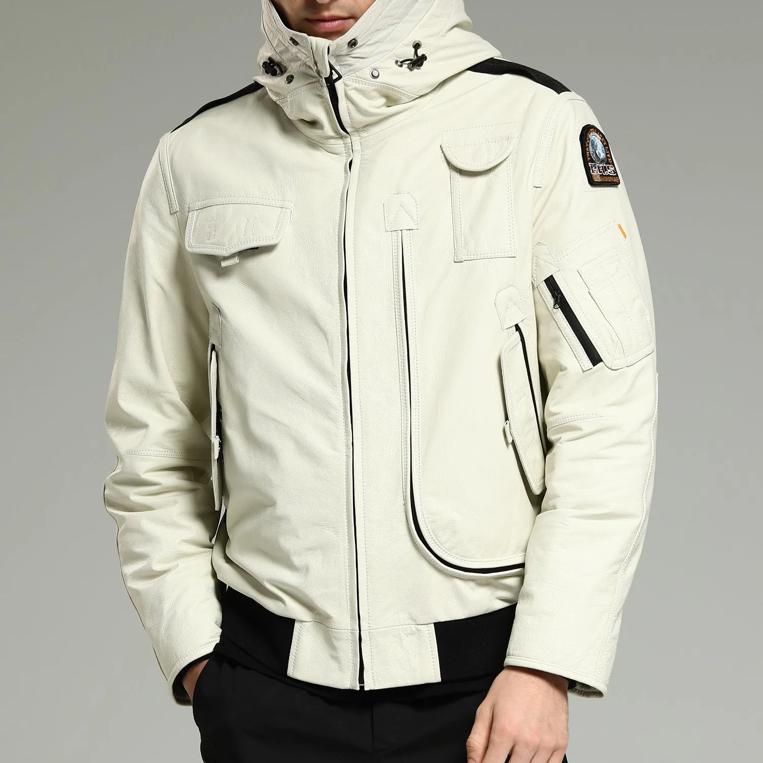 Leather Down - Men's White Hooded Cowhide Down Jacket