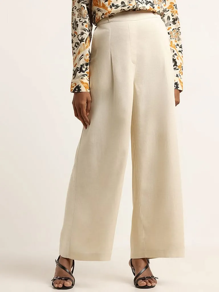 LOV Cream High Rise Cotton Wide-Leg Pants