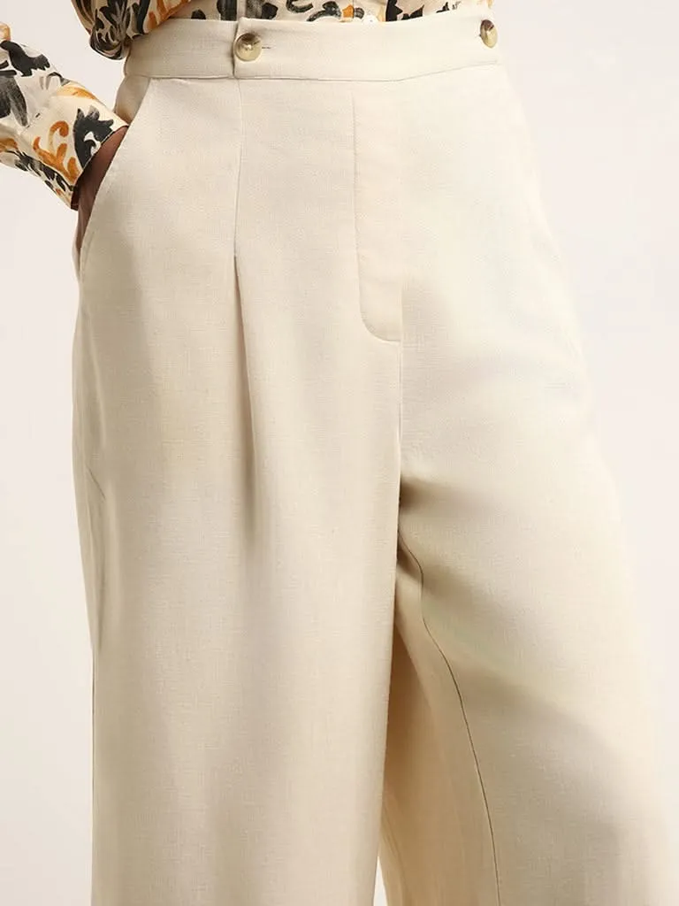 LOV Cream High Rise Cotton Wide-Leg Pants