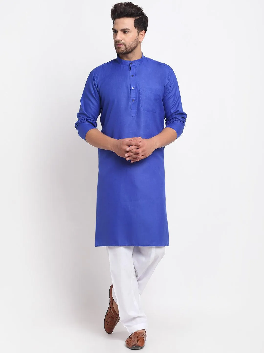 Men's Royal Blue Solid Kurta With White Salwar - Benstoke