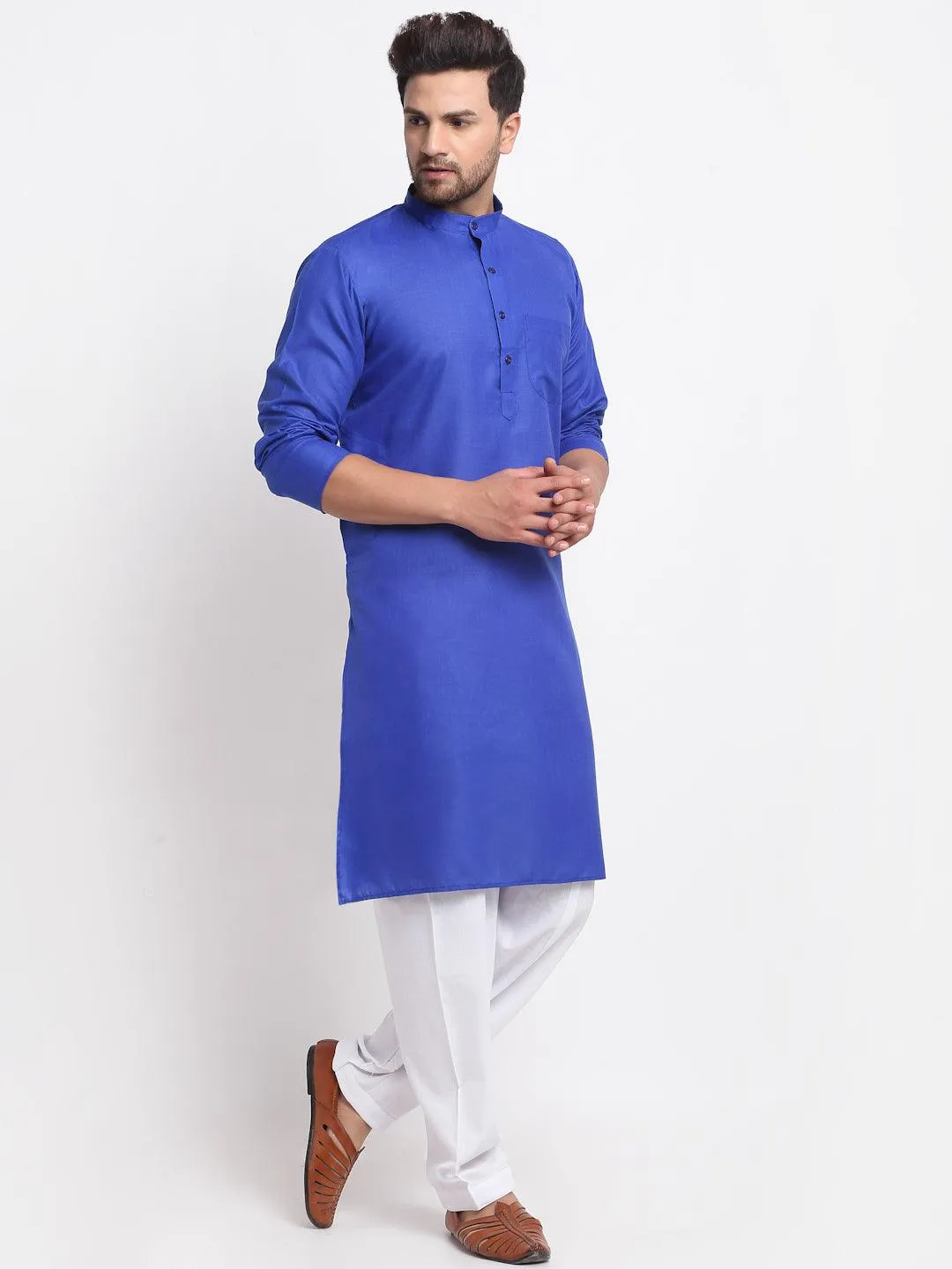 Men's Royal Blue Solid Kurta With White Salwar - Benstoke