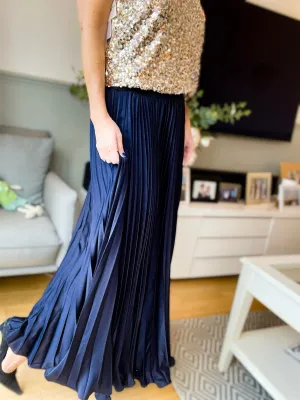 Navy Silky Pleated Skirt