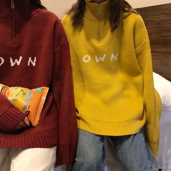 Own Letters Stand Collar Zipper Knitted Sweater