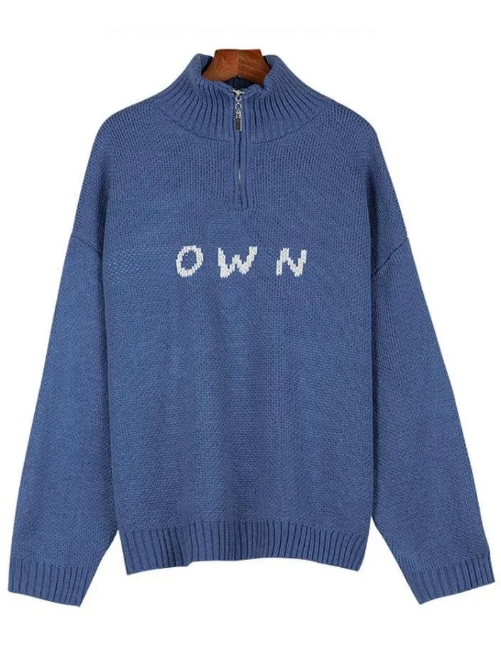 Own Letters Stand Collar Zipper Knitted Sweater