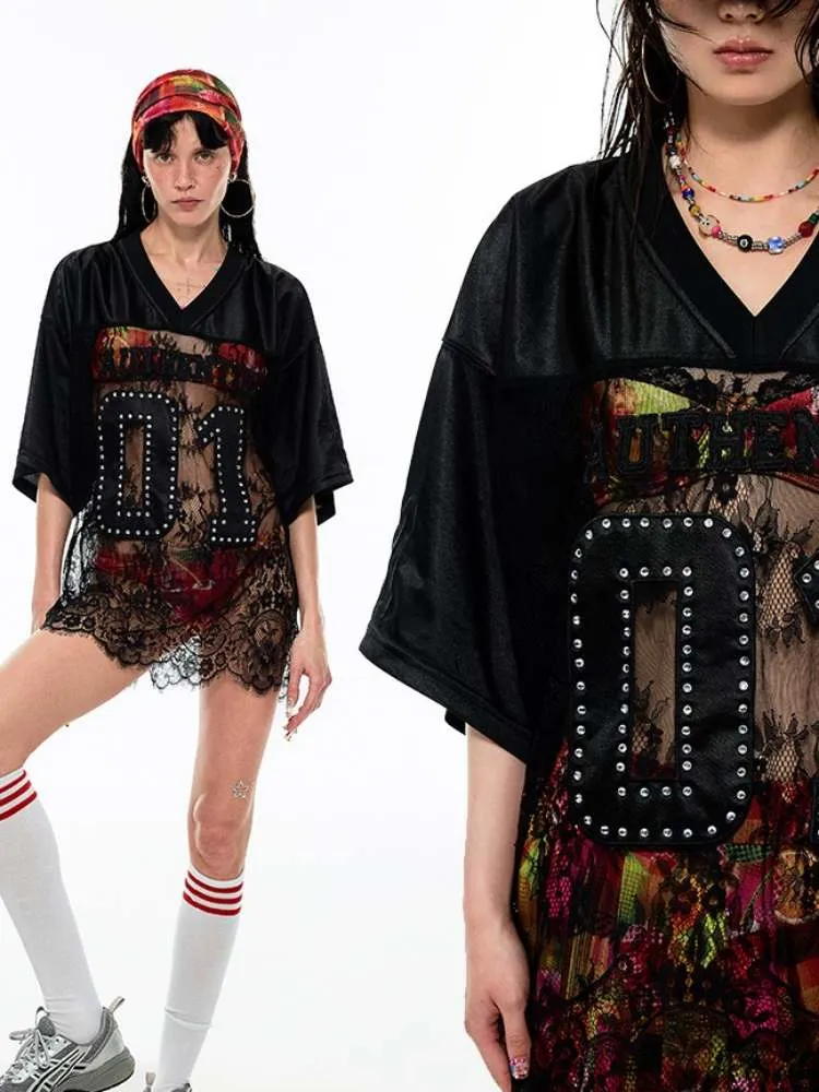 Rhinestone Sheer Lace Uniform T-Shirt【s0000009146】