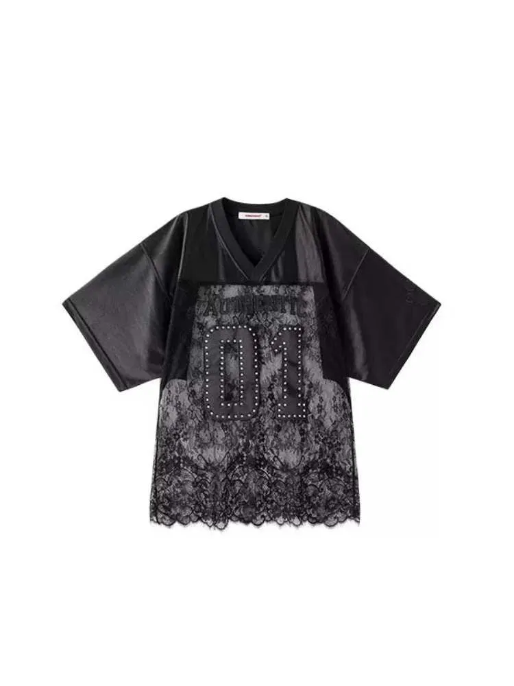 Rhinestone Sheer Lace Uniform T-Shirt【s0000009146】