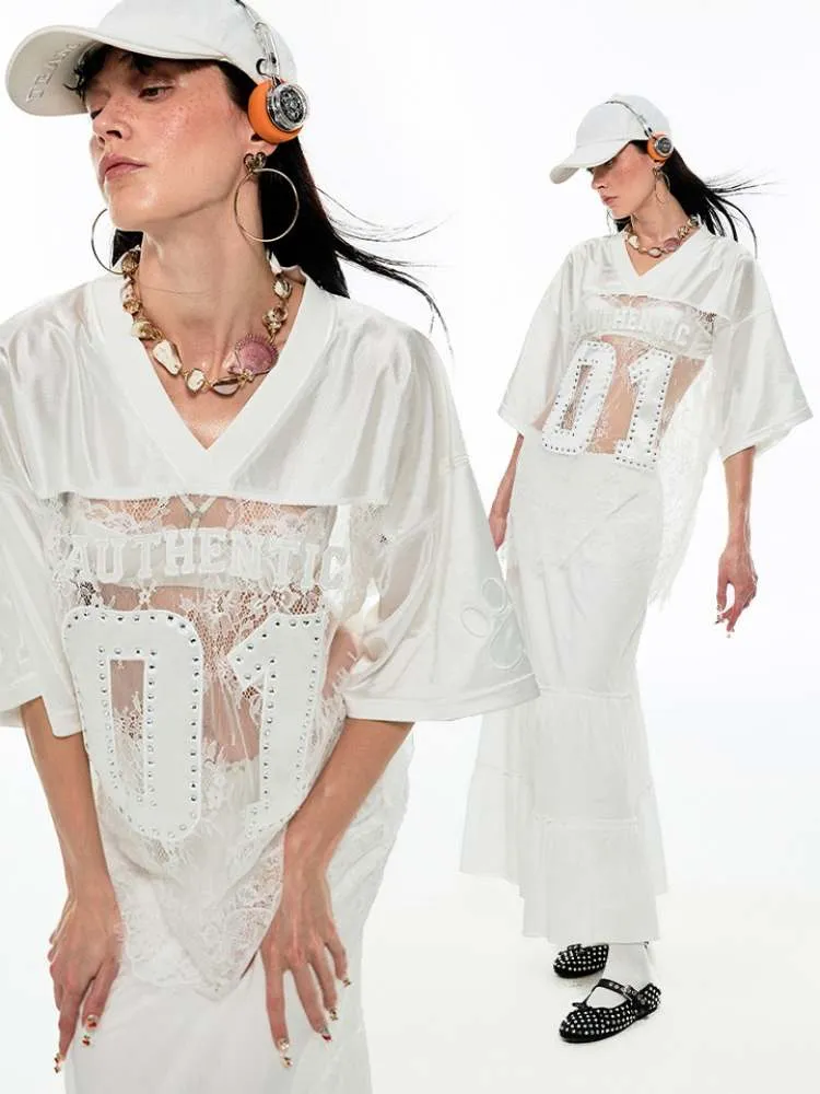 Rhinestone Sheer Lace Uniform T-Shirt【s0000009146】