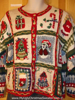 Tacky Busy Horrid Cheesy Holiday Sweater with Festive Decorations on Front and Stripes and Checkerboard on Back and Sleeves  (f1136)