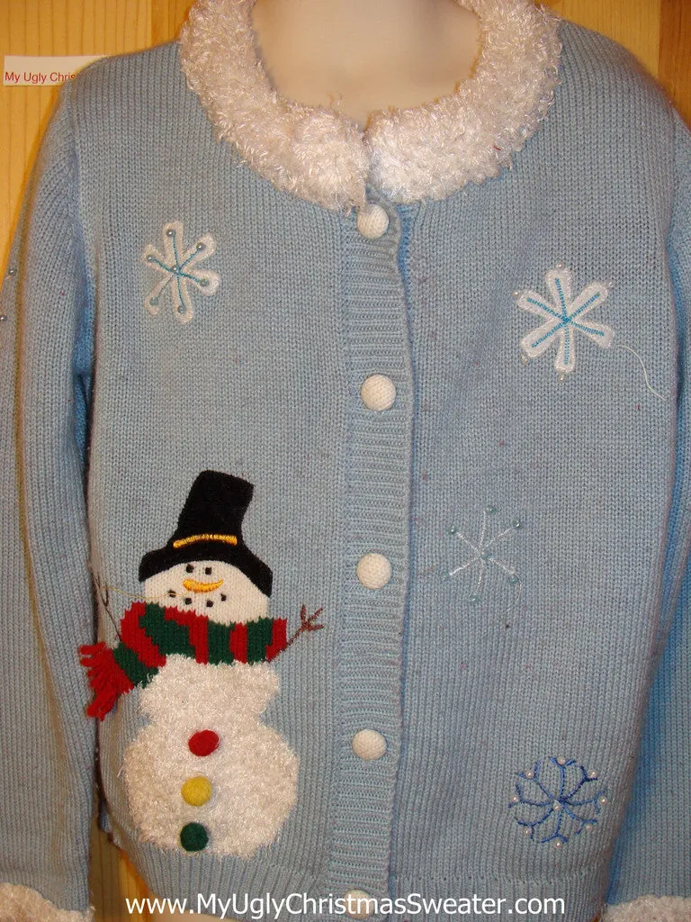 Tacky Ugly Christmas Sweater with Snowman and Furry Collar. Child Size 6X (f247)