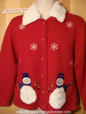 Tacky Ugly Christmas Sweater with Snowmen and Fawx Fur Collar (f53)